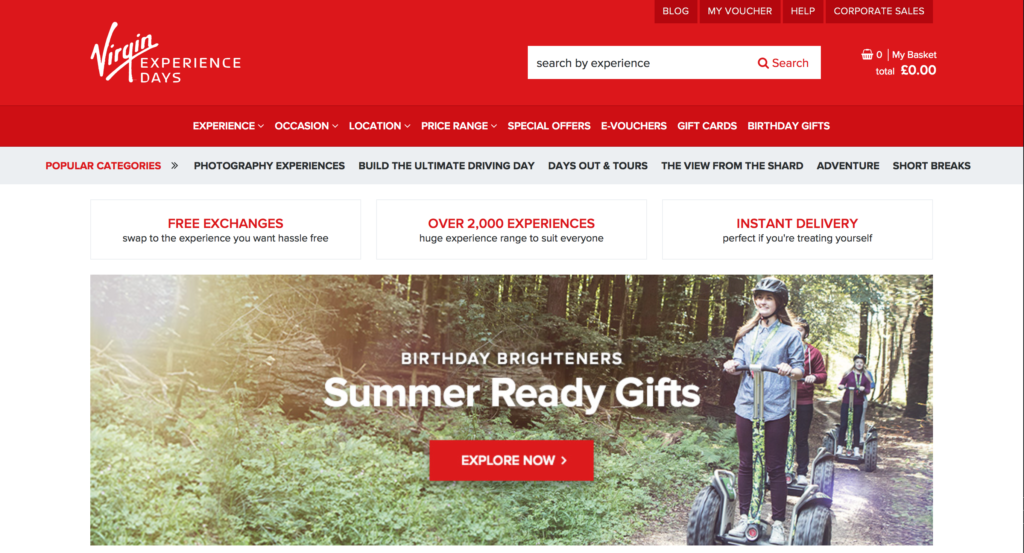 Virgin experience days - Best UK gift sites
