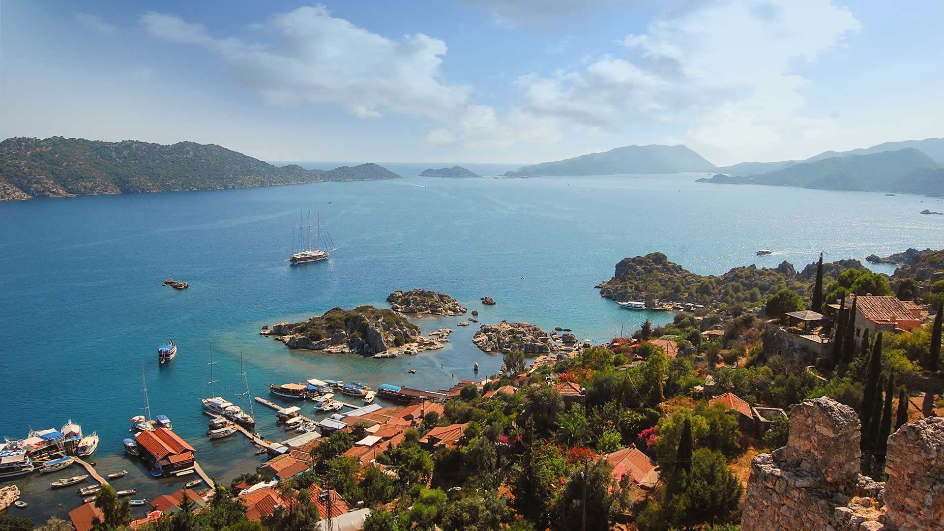 Panoramic view from the top of the castle in Kekova, Kalekoy, Turkey