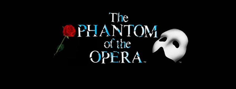 The Phantom of the Opera in blue and white writing on a black background, with a red rose and white mask on either side