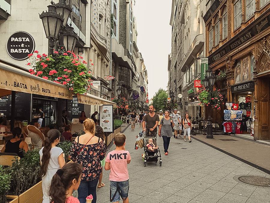 Tourists walking down the historic Vaci Utca street in Budapest
